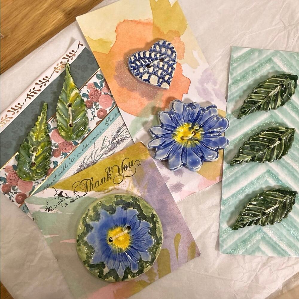 8 Handmade Ceramic Buttons Blue Flowers Heart Green Leaves